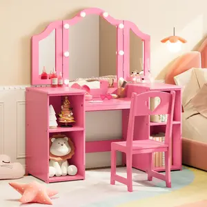 Kids Vanity Table,Girls 2 in 1 Princess Makeup Desk with Touch Light Detachable Tri-Folding Mirror,Open Storage Shelves,Wood Makeup Playset with Chair,Princess Vanity Table for Little Girls,Pink