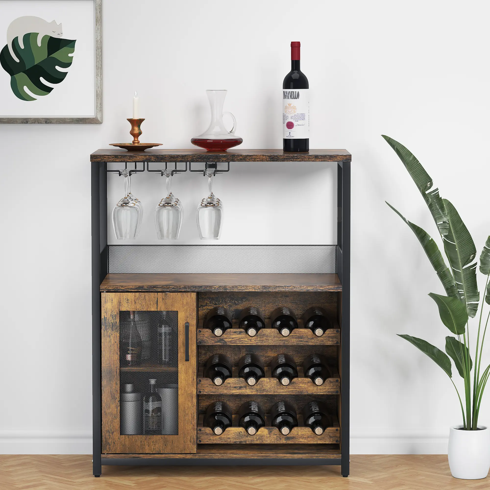 3-Tier Wine Bar Cabinet with Detachable Wine Rack and Storage Space, Buffet Cabinet with Glass Holder and Mesh Door, for Kitchen, Living Room and Bar (Rustic Brown) Freestanding Wood Cupboard