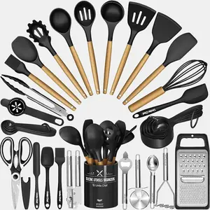 34-Piece Silicone Kitchen Utensils Set with Holder – Heat-Resistant Spatulas & Tools with Black Wooden Handles for Nonstick Cookware no brand