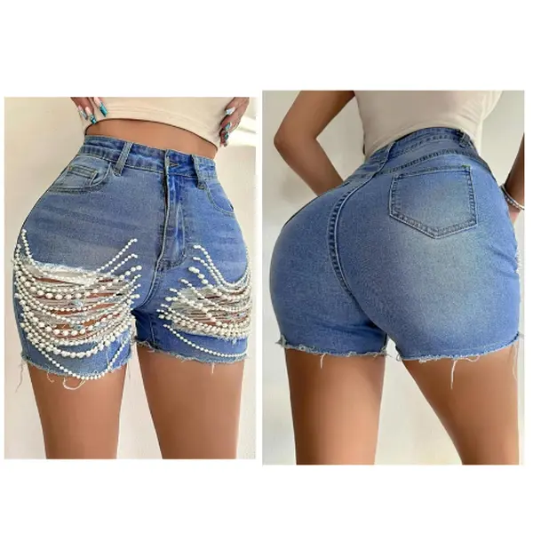 2025 Tbahhir Women’s High Waist Ripped Denim Shorts with Pearls Beading Chain Distressed Bodycon Stretchy Summer Jean Shorts Womenswear Bottom Comfort