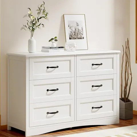 Gizoon 47" Wide White Wood 6-Drawer Bedroom Dresser with Metal Handles - Anti-tip Stability Cupboard, Apartment Stuff, Indoor Furniture Storage Solution