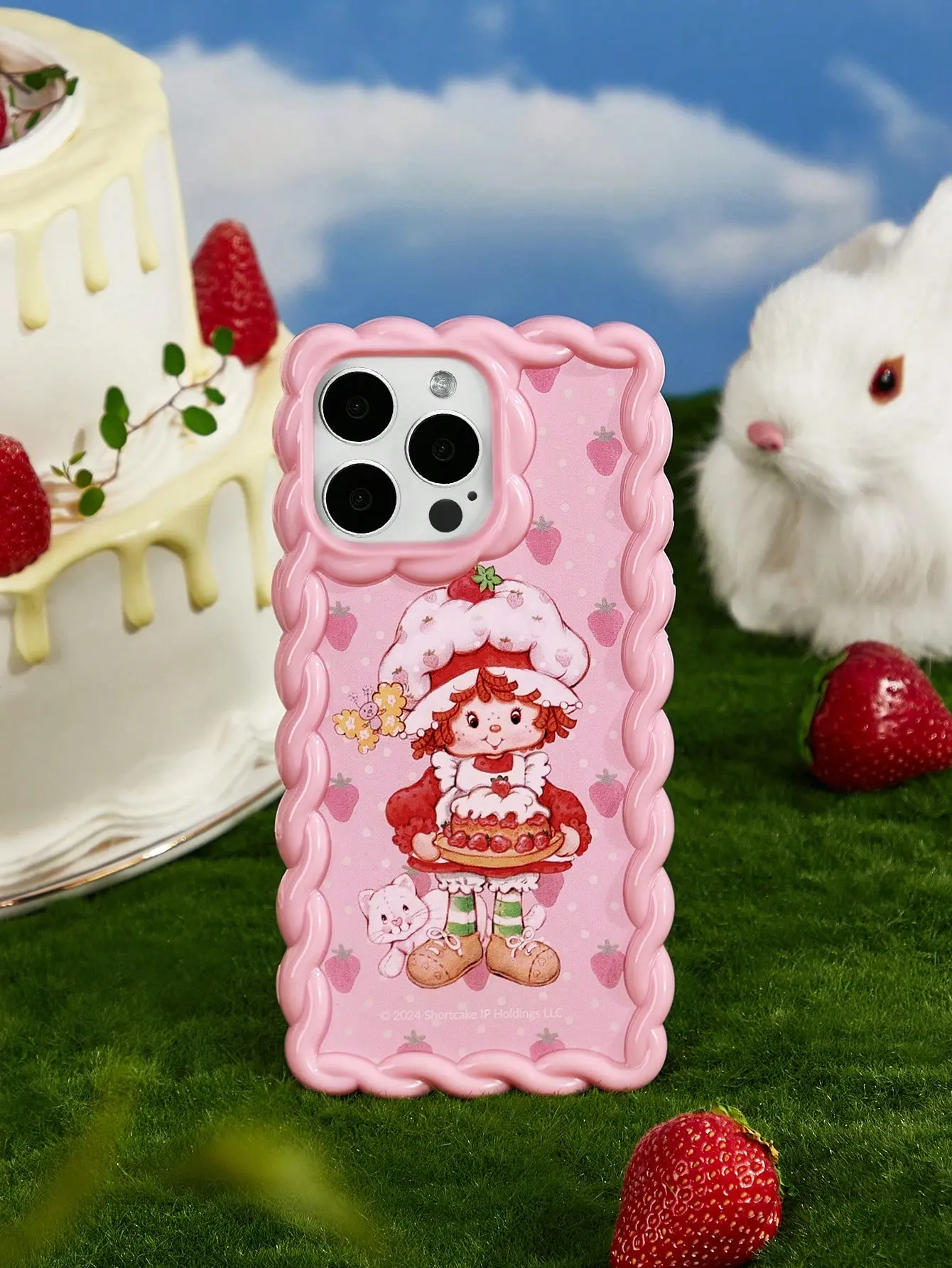 Pink Ruffled-Edge Protective Cellphone Case - Cute Strawberry Shortcake Cartoon Print Accessory, Playful Protection for iPhones, Compatible Mobile Device Accessories