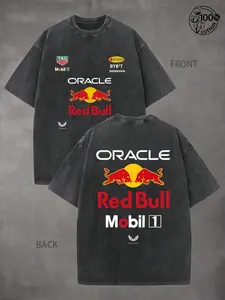 Oracle Bull Racing T-Shirt, Unisex Short Sleeve Graphic Tee, 230g Washed Cotton, Casual Streetwear for Outdoor Sports