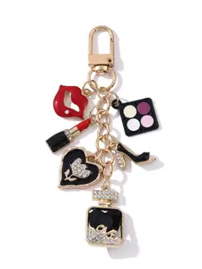 Elegant Eye Shadow Palette Heart High Heel Perfume Lipstick Oil Fashionable Alloy Keychain For Bags Creative Cartoon Accessory Makeup Series Pendant Trendy Bag Charm Gift