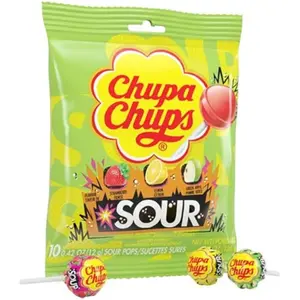 3x Chupa Chups Sour 10ct Peg Bag - Lollipops Candy Snacks Treats Sweet Chewy Fruity Flavors Party Favors Kids Birthday Gifting Variety Pack Assorted Bag Bulk Wholesale Bundle Lot Sucking Pop Suckers Tangy Zesty 3-Pack 4.2oz 10ct