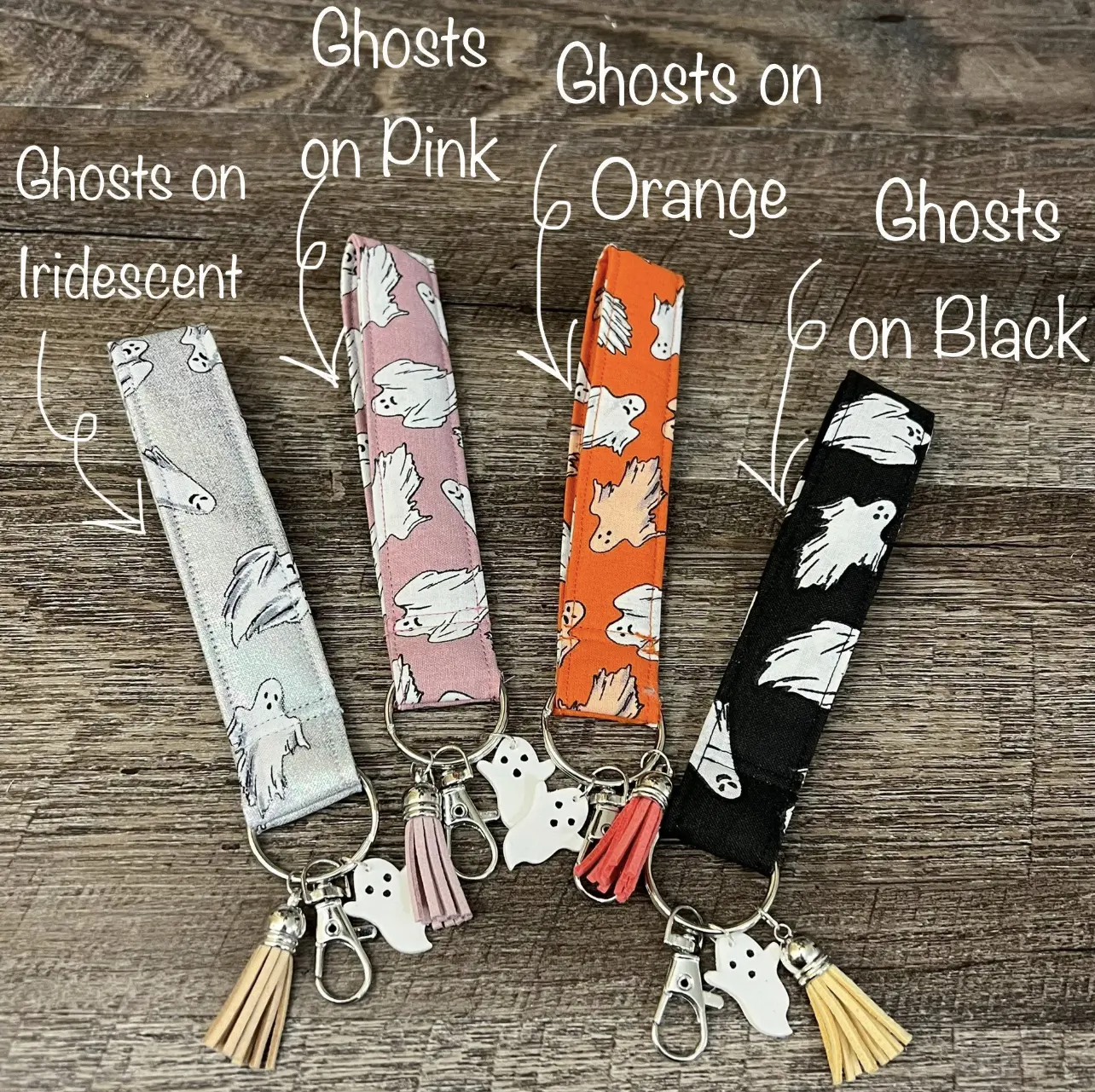 Ghost Key Fob Wristlets with Charms, 100% Cotton Fabric Handmade Straps for Walking Canes, Halloween Ghost Keychains Glow in the Dark Fabric, Iridescent Straps Key Fob Wristlets 6 inch Long Flat, Black Pink Orange Heavy Duty Sturdy Lanyard Wristlets, keyc