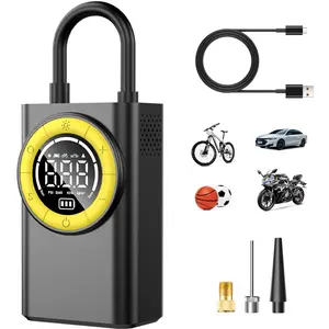 Portable tire inflator, wireless car tire inflator, with digital pressure gauge and automatic shutdown function, wireless digital display version with side hidden storage box, equipped with battery with LED light, comes with nozzle adapter preset mode