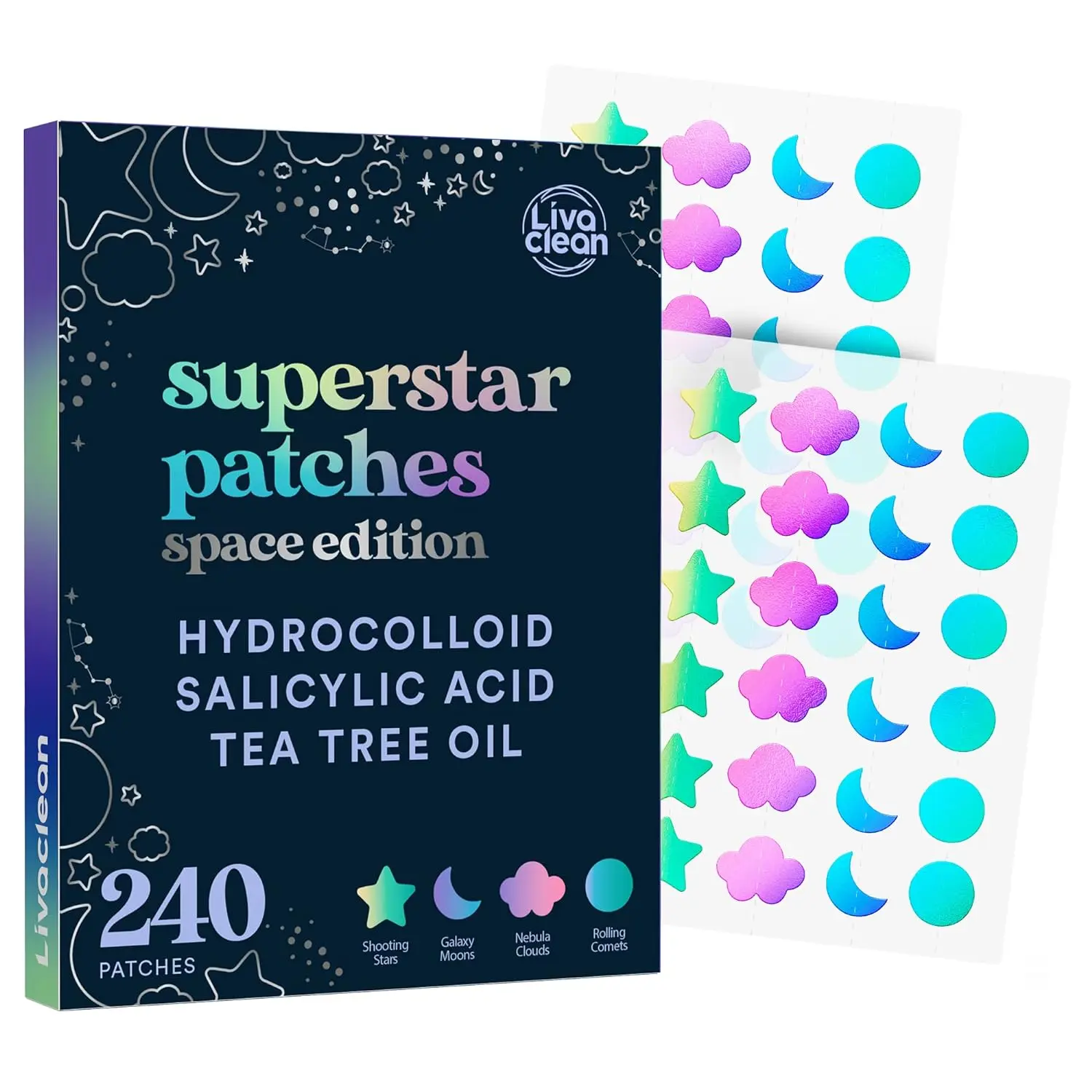 LivaClean 240 Patches Space Edition with Hydrocolloid, Salicylic Acid & Tea Tree Oil for Face Acne, All Skin Types, Paraben Free, Gentle Formula Pore Redness Acne Spot Treatment Blemish Relief Care