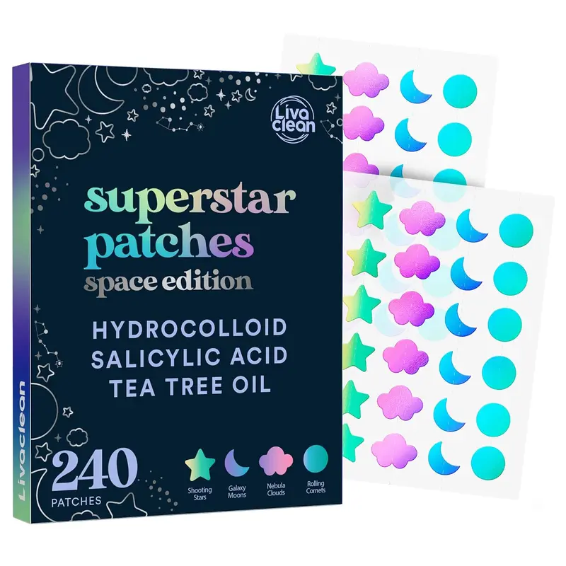LivaClean Space Edition Holographic Pimple Patch - 240 Count Non-Toxic Hydrocolloid Acne Spot Treatment with Salicylic Acid, Tea Tree Oil for Pore, Redness Relief, Soothing Blemish Care on All Skin Types