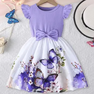 Girl's Butterfly Print Bow Decor  Dress, Casual Cute Cap Sleeve Round Neck   Dress for Summer, Kids Clothes for Daily Wear