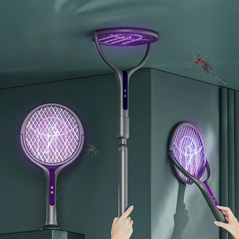 Rotating Electric Mosquito Swatter, USB Rechargeable Mosquito Killer, Electronic Mosquito Zapper, Portable Mosquito Zapper, Telescopic Rod, 3 Layers Safety Net, Suitable for Bedroom, Garden, Balcony, Indoor & Outdoor Use
