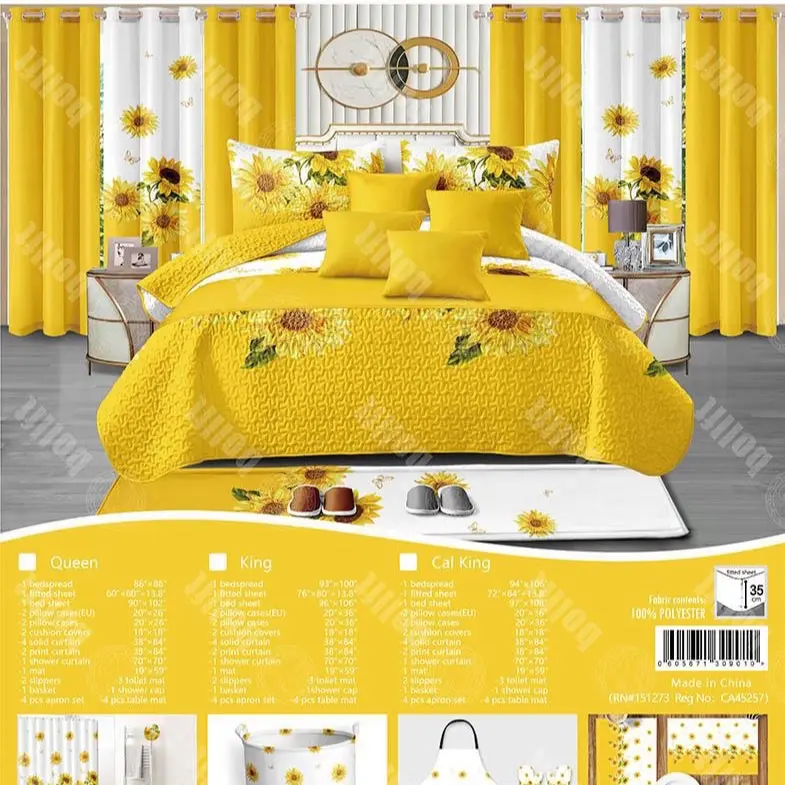 Sunflower Bed Spread 14 Pcs King Size - Yellow and Black Floral Design Set of Assorted Colors for Bedroom Decor