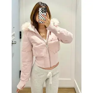 Vintage Pink Leather Collar Hooded Short Cotton Coat Fashion High Street Leather Collar Hooded Cotton Coat Winter Jacket Women'sRAIMENTRY