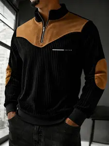 Men's Half-Zip Colorblock Long Sleeve Top, Geometric Pattern Print, Polyester Fabric, Casual Fitted Style, Street Fashion, Fall & Winter Wear