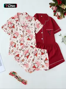 Women's Christmas Themed Pajama Matching Set, Cute Heart /all Over Print Woven Fitted Short Sleeve Lapel Neck Pocket Shirt & Elastic Waist Shorts Pj Set, Women's Sleepwear & Loungewear for All Seasons