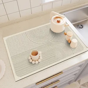 1-Pack  Dish Drying Mat, Nordic Minimalist Line Design, Quick-Dry Mat, Stylish Coffee Machine Tray, Suitable for Kitchen Countertops and Dining Table Decor | Durable and Fast-Absorbing