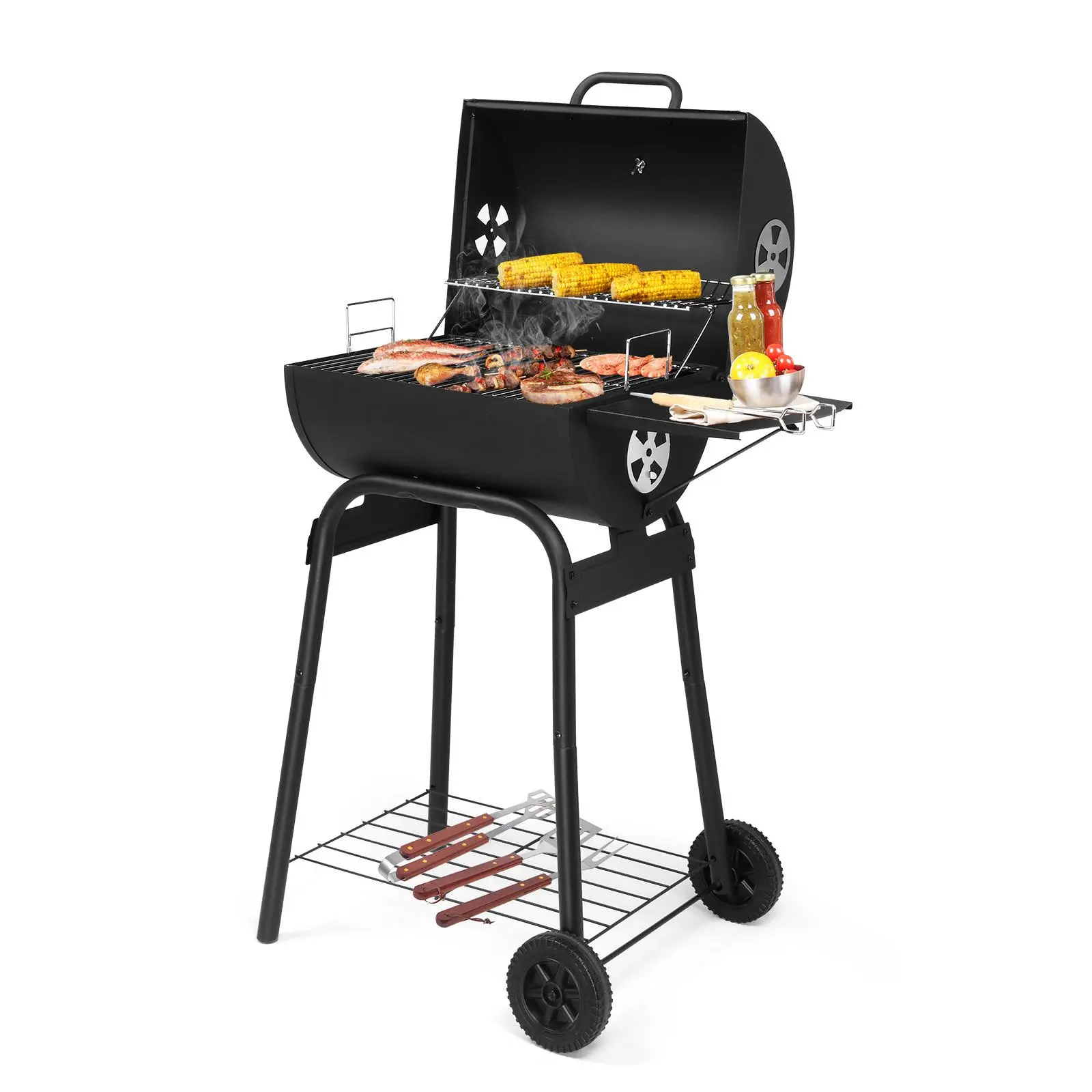 【Summervibes】Charcoal Grills Outdoor BBQ Grill, Barrel Charcoal Grill with Side Table and Wheels, for Outdoor Backyard Camping Picnics Patio and Parties