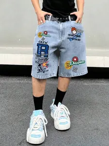 Vintage Harajuku Style Loose Graphic Graffiti Denim Shorts, Summer Hip-Hop Streetwear Street Skateboard Wind, Heavyweight Patch Design, Comfortable and Eye-Catching