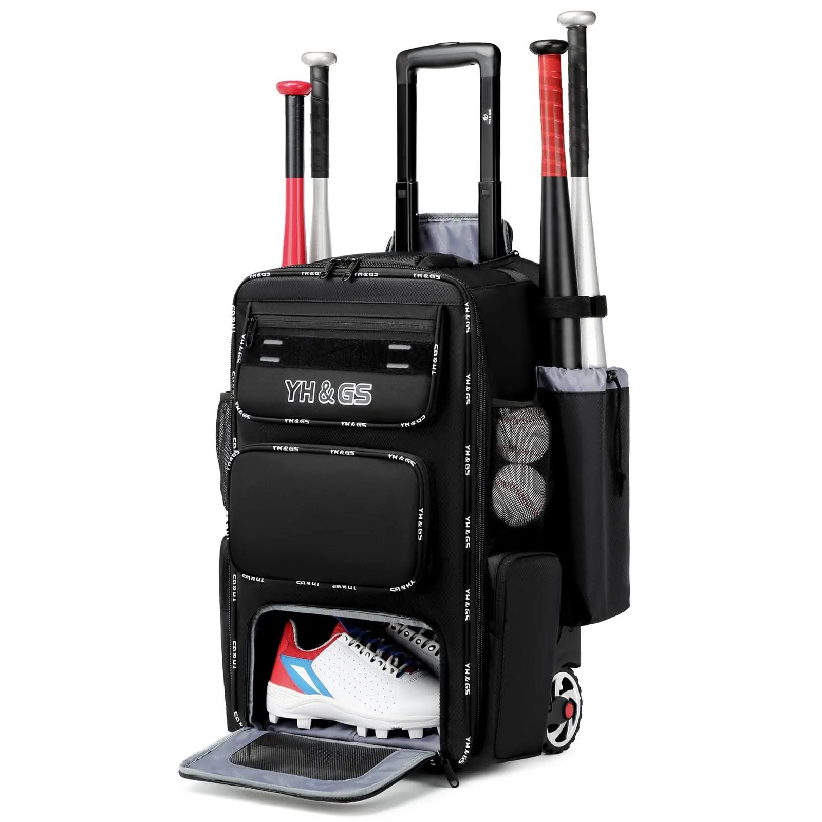 Rolling Baseball Bag,Wheeled Softball Bag with Fence Hook for TBall Bat & Equipment,Lightweight Baseball Bat Bag with Shoe Compartment