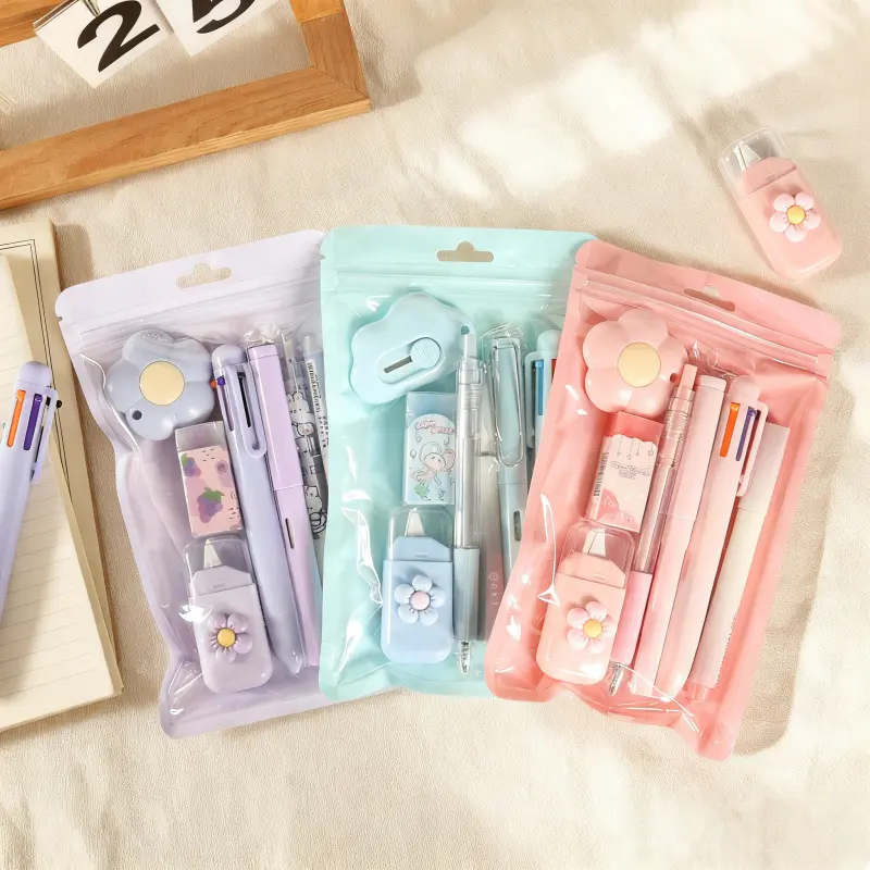 7-Pc Office Stationery Set - Home Office Learning Tool with Neutral Pens, 6-in-1 Ballpoint Pen, Eternal Pencil - Aesthetic Back to School Haul Party Favor (Pink/Blue/Purple)