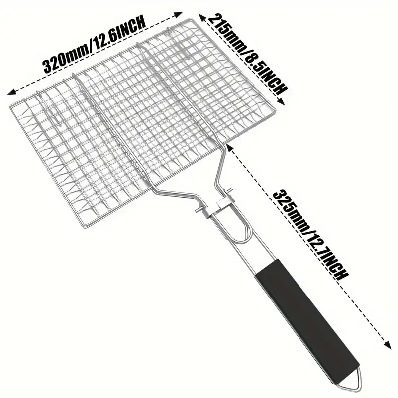 Stainless Steel Grilling Basket, 12.6 x 8.5in Foldable and Lockable with a Removable Handle, Portable BBQ Utensils for Camping and Campfire Parties, Includes Basting Brush, Portable Kitchen, Friends