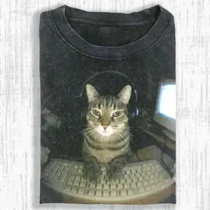 Vintage Hacker Cat Meme Shirt, Computer Kitty Tee, Gamer Cat Aesthetic, Funny Keyboard Cat, Viral Cat Lover Gift, Unisex Cotton Crewneck T-Shirt Menswear Womenswear Streetwear Top
