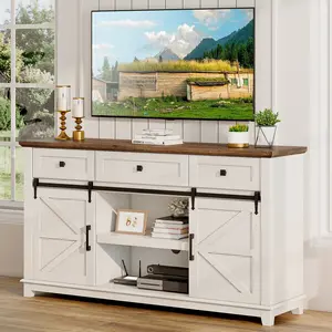 Amerlife 59" Rustic Farmhouse TV Stand - Sliding Barn Door, 3 Drawers, Buffet Storage Cabinet, Entertainment Center for Up to 65" TVs, Living Room Indoor Furniture