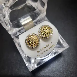 MaxBling81 Iced Gold-Plated Zircon Magnetic Square Stud Earrings - Hip-Hop Unisex Cookie Gold Nugget Earrings for Women, Daily Wear, Magnetic Earrings, Earring For Women