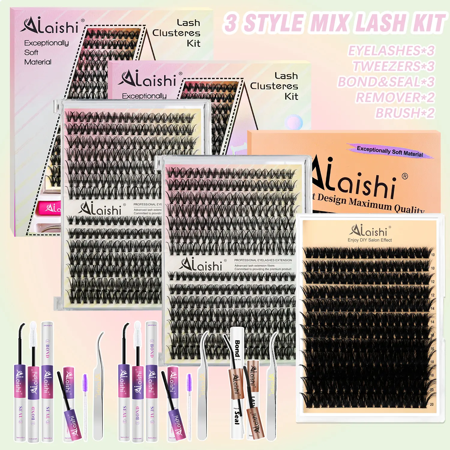 Ailaishi 3 Styles Lash Clusters Kit, Mixed Length Individval Eyelash Extensions Kit, with Tweezer、bond&seal & Remover,Prefessional Eye Makeup Accessories for Women, DealsForYouDays