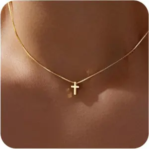 14K Gold & Silver Plated Cross Choker Necklace for Women & Girls, Non-Tarnish Waterproof Simple Small Pendant, Christian Baptism Religious Faith Jewelry, Ideal Easter Basket Stuffers and Gifts