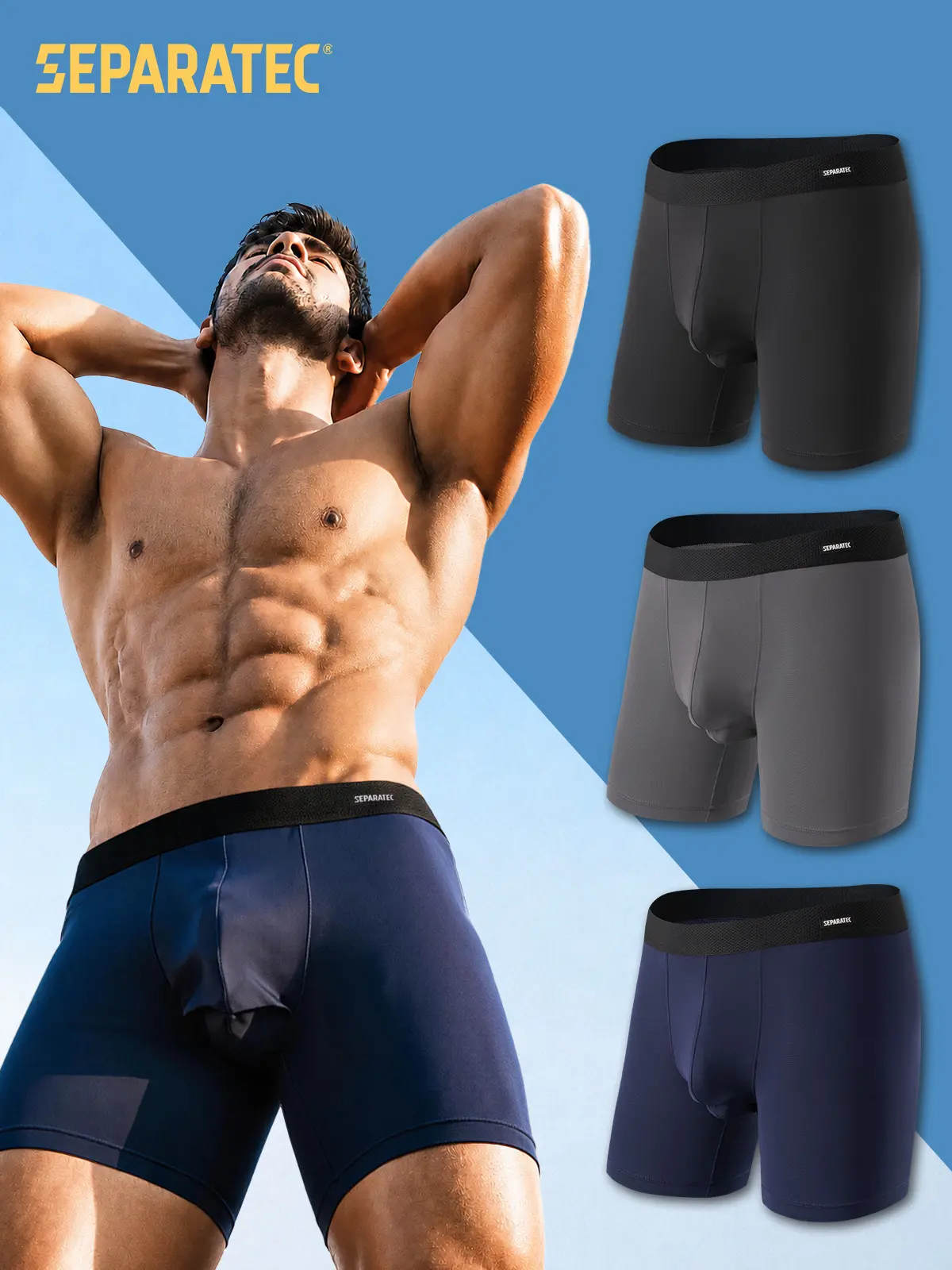 Separatec Men's Boxer Briefs, Dual Pouch Nylon Double Fly ,OsmoHive Moisture Channel Waistband, Plain Menswear, Breathable Activewear, Athletic Sport Multicolor Sportswear, Sports Clothes, 3 Pack