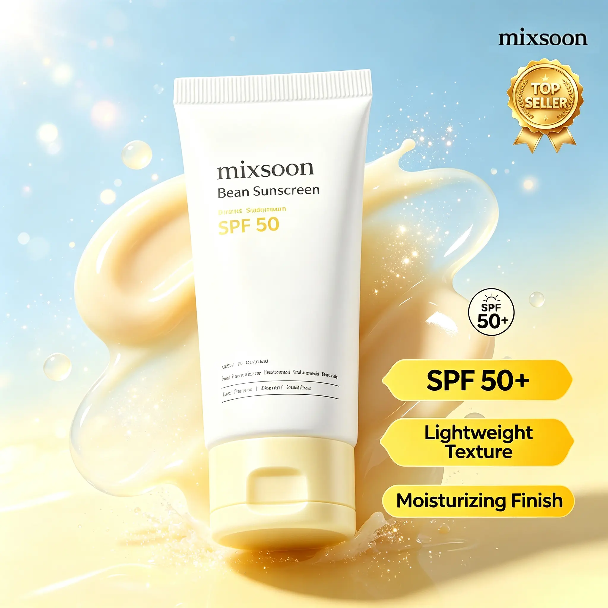Mixsoon Airy Bean Facial Sunscreen 1.69 fl oz | SPF50 Broad Spectrum UV Protection, Gentle Fragrance-Free Formula, Zero White Cast, Lightweight Hydrating Korean Sunscreen, Perfect Base for Daily Makeup Layering, For Sensitive Skin