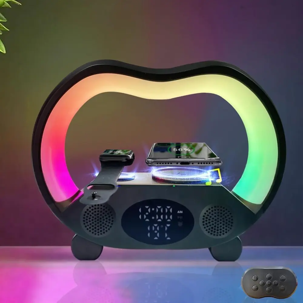 6-in-1 Wireless Charging Station, RGB Night Light with Bluetooth Speaker and Audio, Built In Speaker, Alarm Clock, Temperature Display, Fast Charger for Phone/Watch/Earbuds, Romantic Valentine's Day Gift for Couples