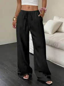 Vacation style versatile solid color elastic waisted loose Fit wide leg pants, relaxed and lazy casual pants, simple and basic minimalist style with a comfortable drape and wide leg pants, Casual Comfy Trousers