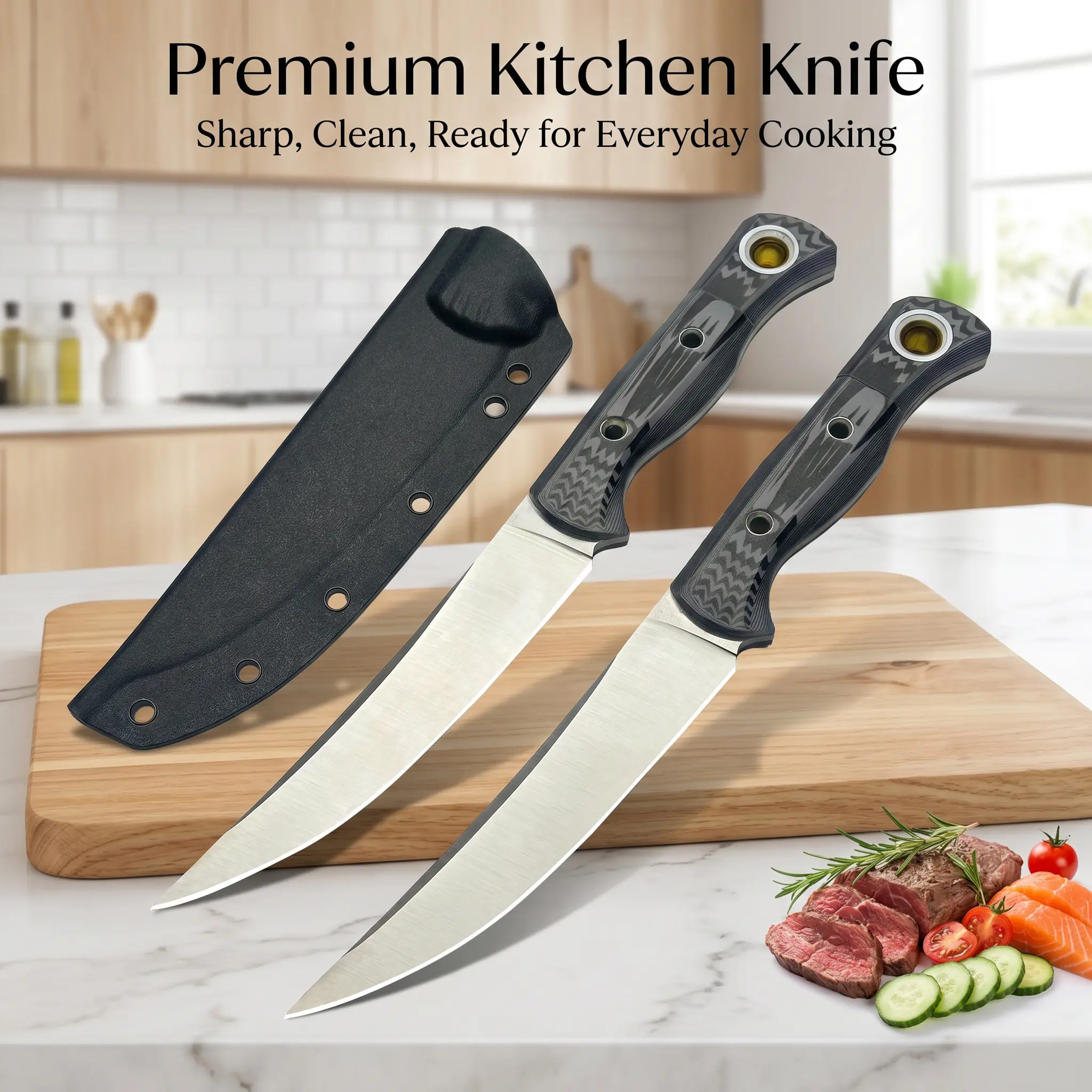 2-Piece Curved Fillet Knife Set with Sheath – Ultra Sharp Stainless Steel Kitchen Boning Knives, Non-Slip Handle for Meat & Fish Prep