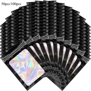 50/100PCS Black Holographic Mylar Bags, 3x4.7 Inch Clear Front Resealable Zipper Pouch, Odor Proof Foil Packaging Bags for Food Storage, Lipgloss, Jewelry and Small Business Use