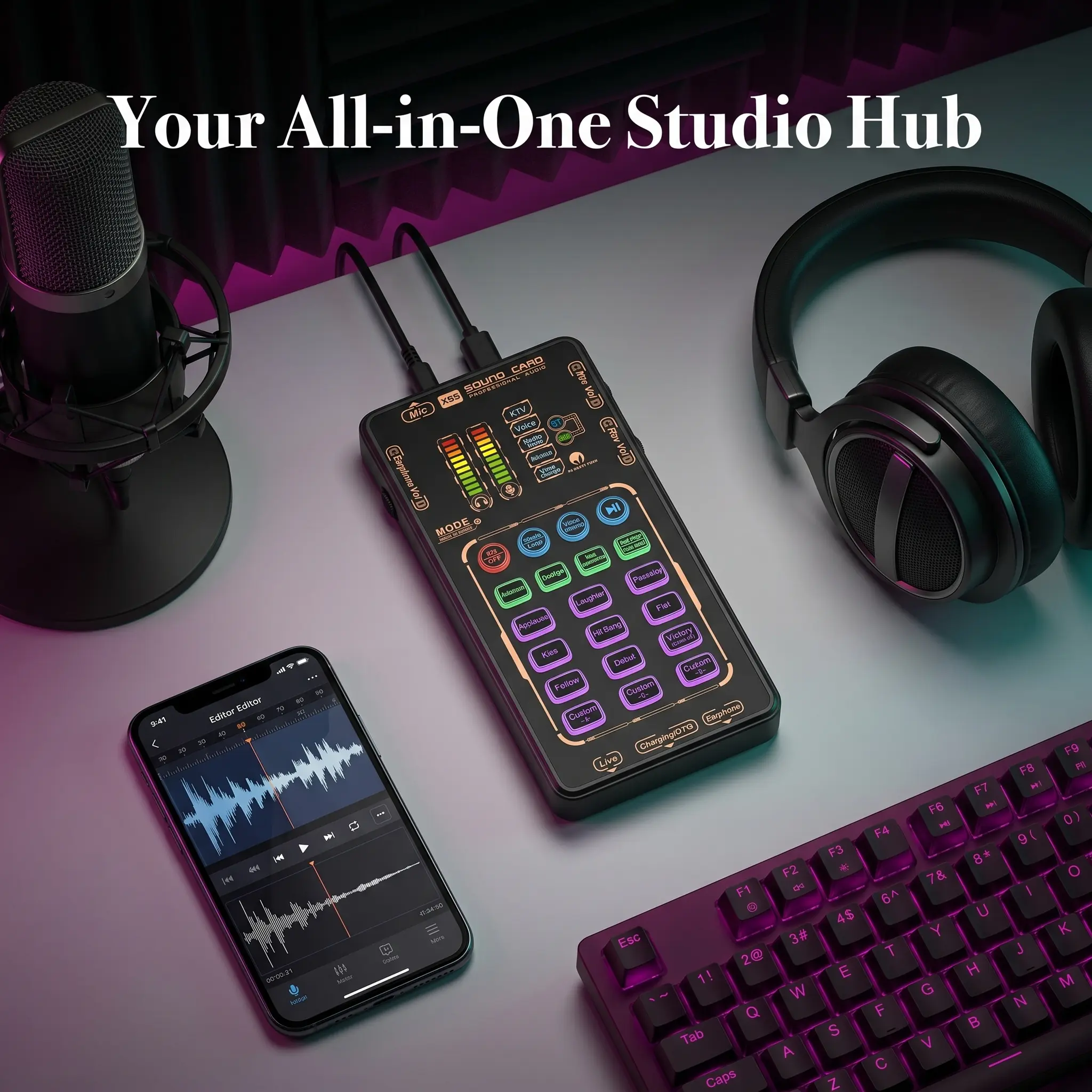 MAOMAO X55 PRO Compact Space-Saving Mini Handheld Voice Changer Sound Card Set - Mobile Dual-Channel Mixer with Type-C Digital Audio Interface, Mini Microphones, All Ages Karaoke System for KTV, Streaming