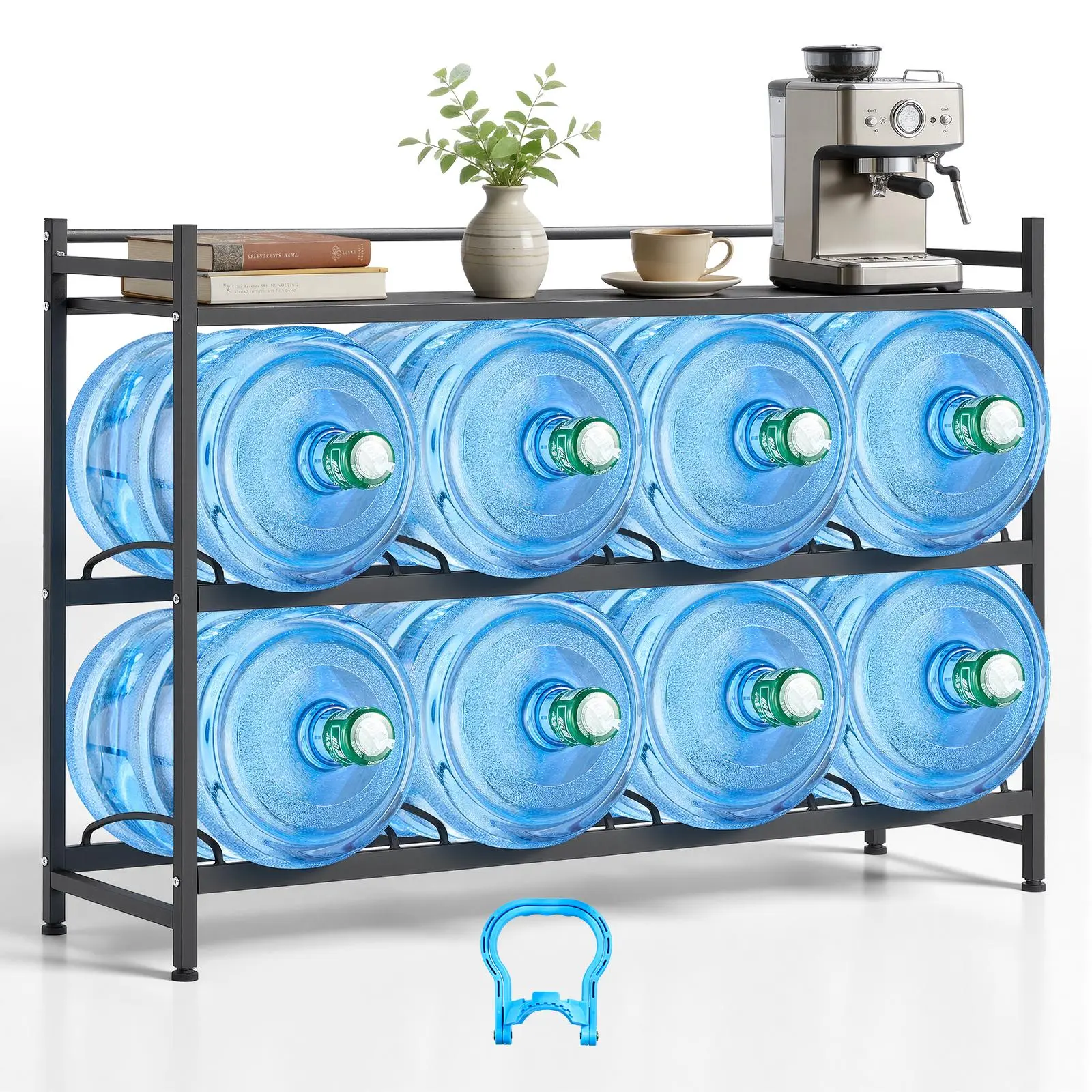【Summerfinds】VEVOR Water Jug Holder3 Tiers 4 Rows 3 and 5 Gallon Water Bottle Holder for 8 BottlesHeavy Duty Jug Rack Organizer with Storage ShelfAngled Designfor KitchenOfficeLiving RoomBlack