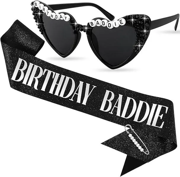 Birthday Baddie Sash and Sunglasses for Women, Birthday Girl Outfit Suitable 21st 25th 30th 40th 50th 60th Women Accessories Pins for Party Decoration Favors Supplies