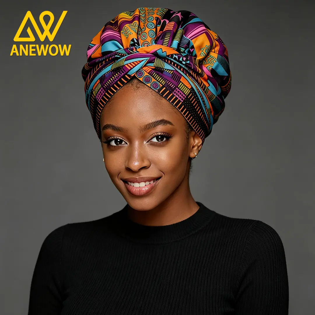 ANEWOW Vibrant Multicolor Ankara Satin Lined Turban Headwrap