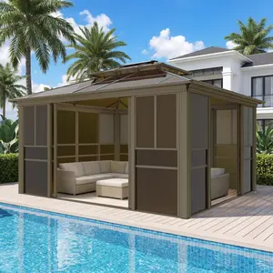 12x14FT Sunroom Gazebo, Sunroom with Double Top Ventilated Roof, All-Weather Solarium Sunroom Kit for Patio Deck Backyard, Adjustable Windows & Screen, Lockable Sliding Doors, UV-Protected PC Panel, Backyard Gazebo for Garden, Brown