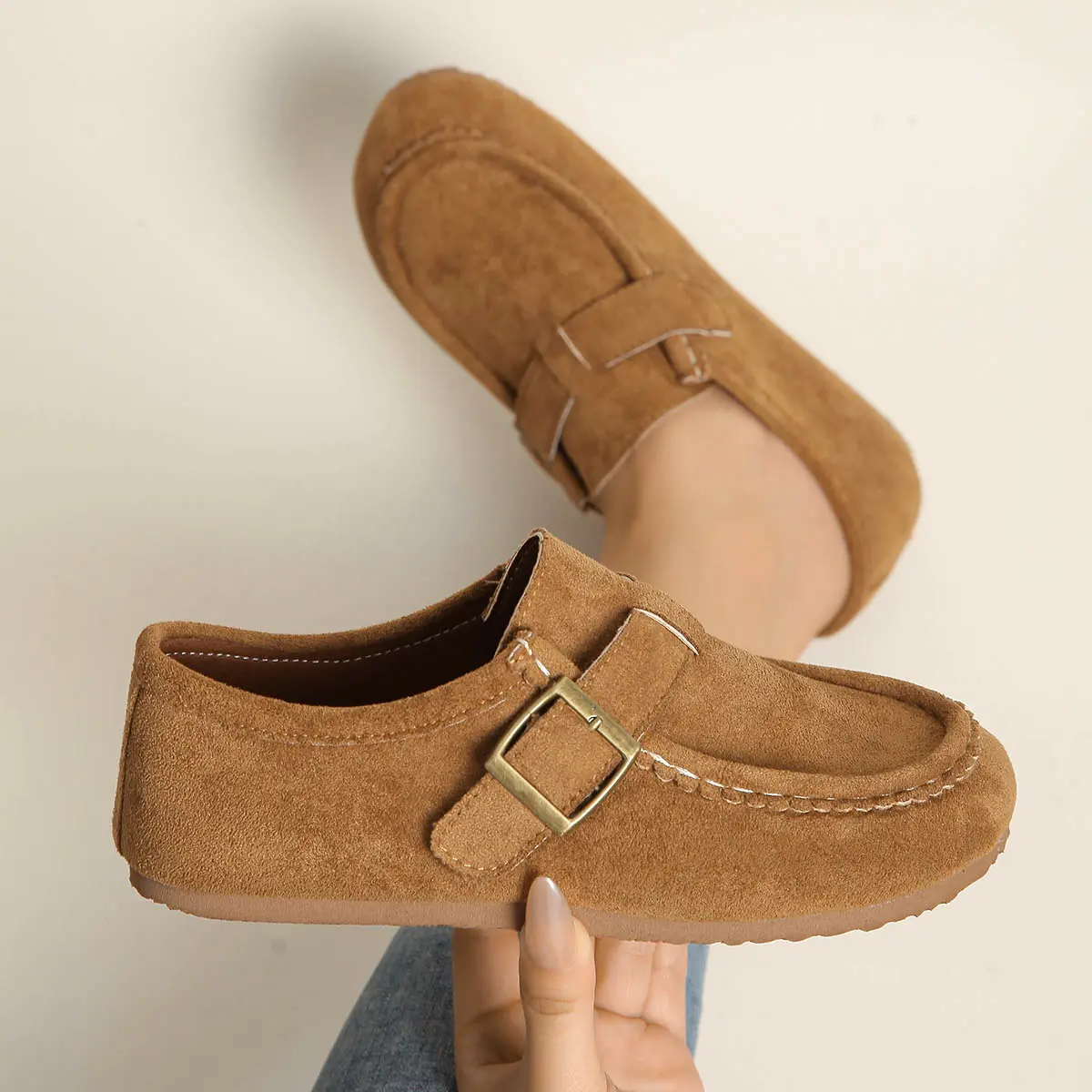 Women's Moccasin Loafers, Soft Suede Minimalist Slip On Commuter Shoes with Classic Buckle and Arch Support, 0.5 Cm, Ankle, Tpu, Solid, Synthetic, Round, Flexible, Round Toe, Casual Wear, Buckle Detail, Low Heel, Walking Shoes, Flat
