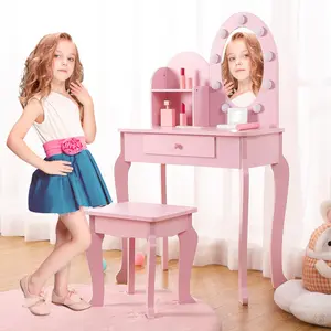 【GARVEE】Girls' Vanity Set with Light and Mirror, Makeup Table and Stool for Kids, Wooden Dressup Playset for Ages 4-9, Pink