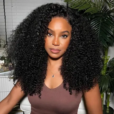 [Today's Deal] Wavymy Wear Go Afro Kinky Curly 7x5 Pre Bleached Tiny Knots Pre-Cut HD Lace Glueless Wig 180% Density Layered Curly Hairstyle