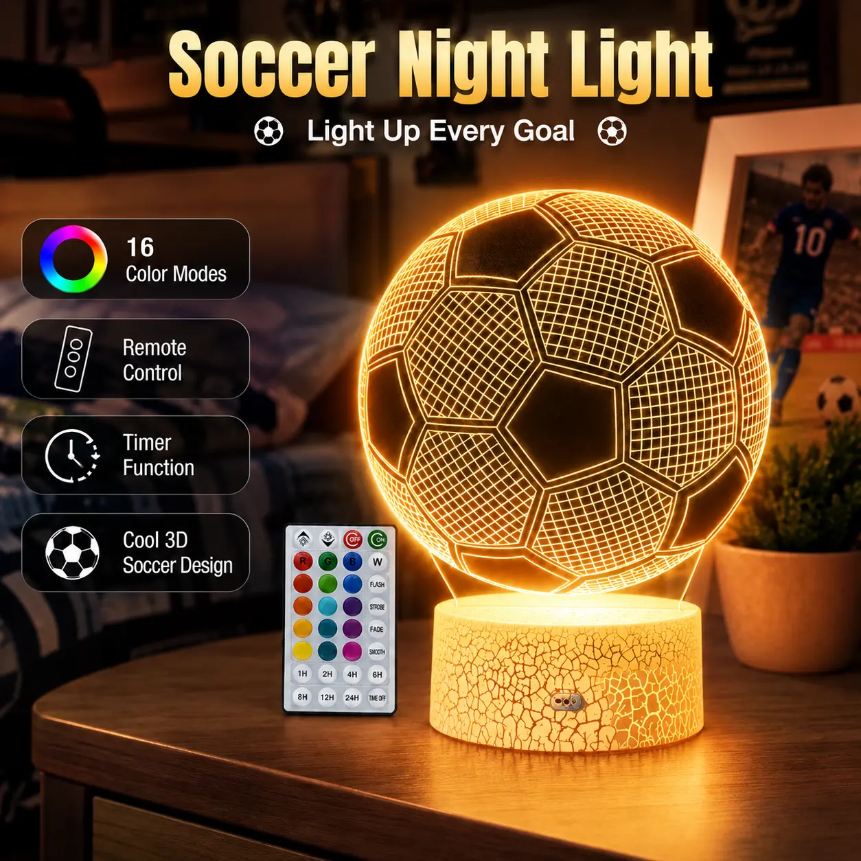 Soccer 3D Optical Illusion Night Light LED Desk Lamp with Remote & Touch Controls USB Powered for Kids' Bedrooms Home Decorations or Holiday Gifts