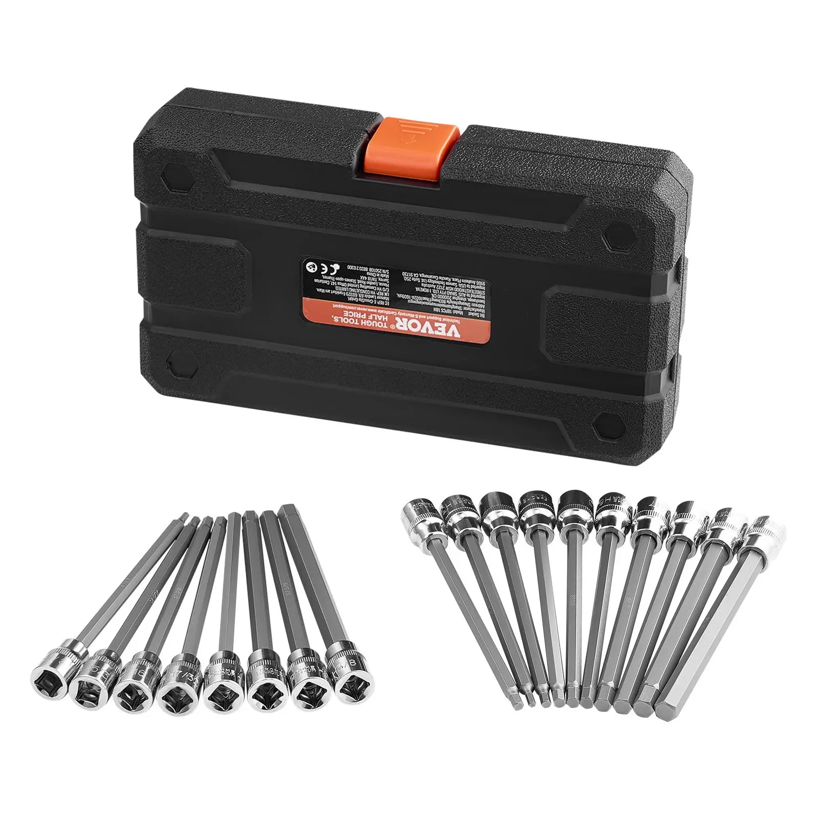 【Summerfinds】VEVOR 18-Piece Extra Long Hex Bit Socket Wrench Kit, 3/8 in Drive S2 Alloy Steel Cr-VDrive, Drop-Resistant Rustproof Hex Keys, Chamfered Easy-Fit Hand Tools for Mechanics, Tight Spaces Use