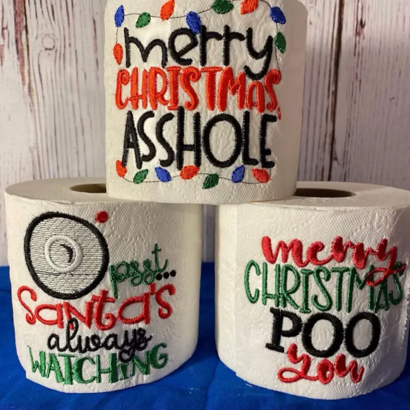 Funny Christmas Personalized embroidered tissue for decorations or gag gifts.