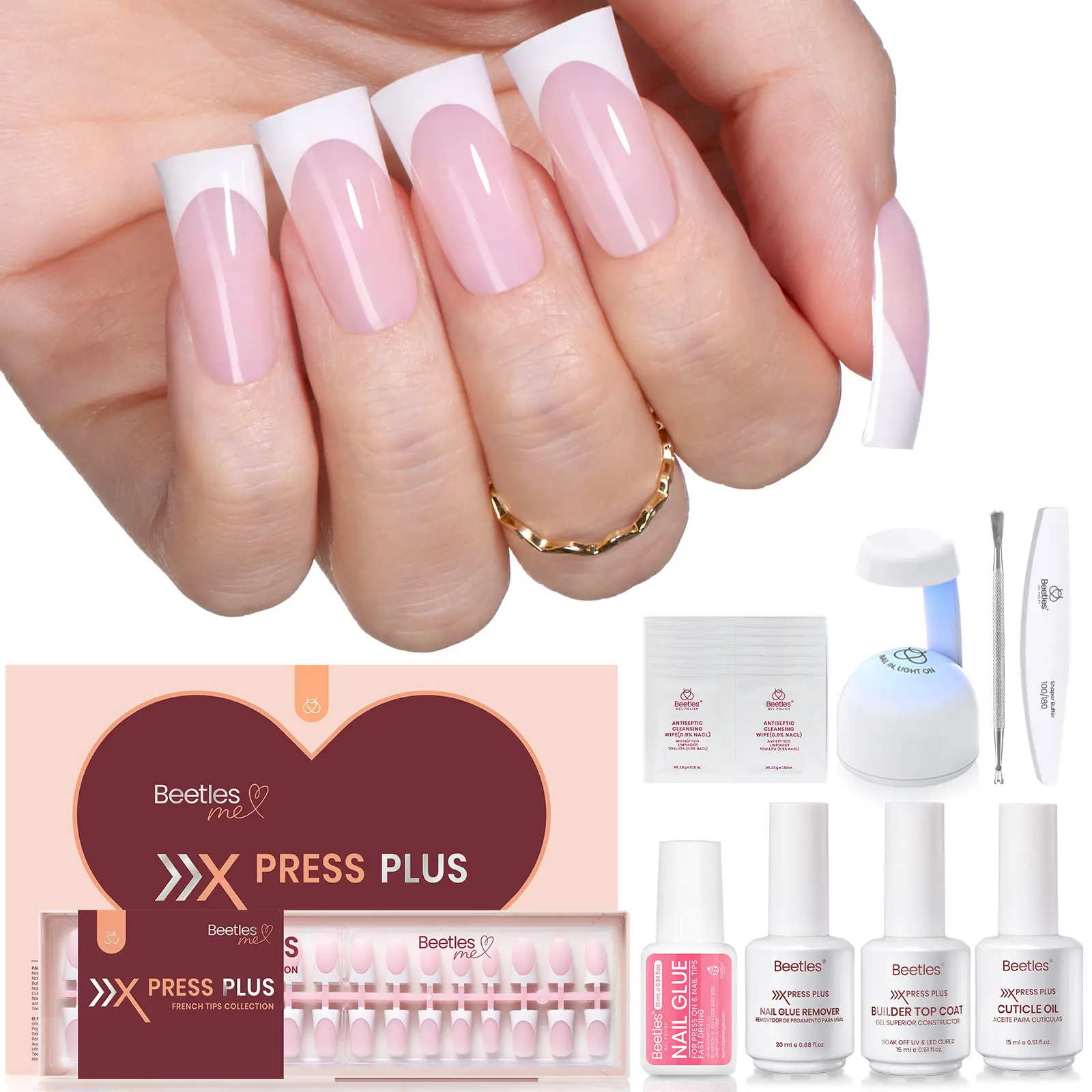 [Exclusive to TTS]Beetles X Press Plus-Lite Kit Duck French Tip Pink 210PCS Press on Nails DIY Manicure Gift for Women Cutics