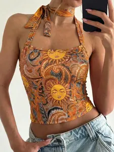 Women's Halter Neck Sun Print Knit Crop Top, Bow Back Detail, High Stretch Fabric, Casual Boho Summer Fashion, Perfect for Daily Wear