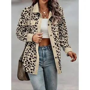 Women’s leopard print button-front drop-shoulder shirt coat with casual long sleeves, a collar, and pockets Blouse? Women’s clothing for daily wear, suitable for all seasons — jackets and cardigans
